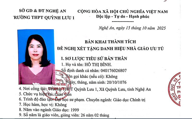 Bản khai thành tích đề nghị xét tặng Danh hiệu Nhà giáo Ưu tú - Cô giáo Hồ Thị Bình